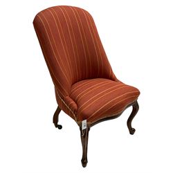 Victorian mahogany framed drawing room chair, upholstered in striped fabric with sprung seat, raised on cabriole supports