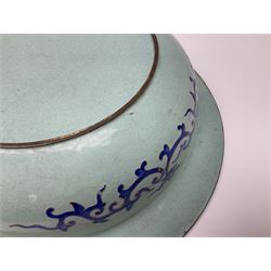 18th/19th century Chinese Canton enamel basin, the circular basin with flat everted rim, decorated with scrolling foliate and fruit decoration on a blue ground, D43cm