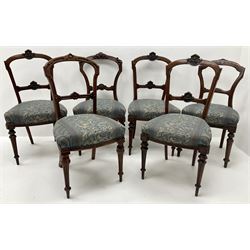 Set six late Victorian mahogany dining chairs, shaped and carved cresting rail, studded upholstered seat, turned tapering supports 
