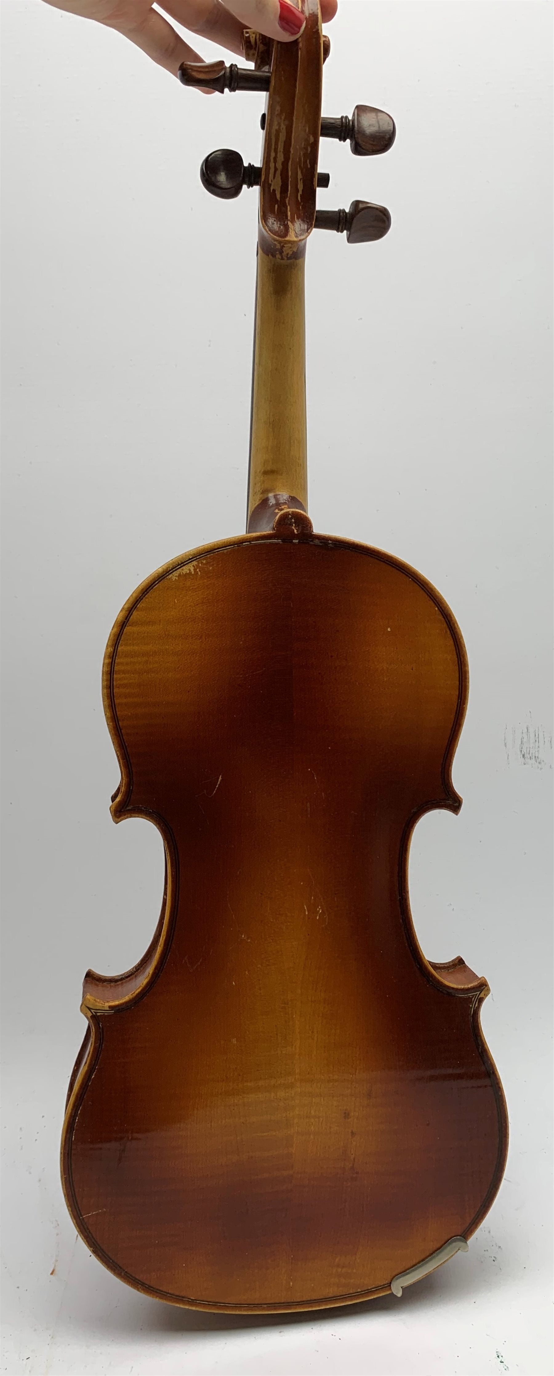  Maidstone School violin c1930 with 36cm two-piece maple back and spruce top, bears label 'The Maidstone School Orchestra Association 463 Oxford Street London Made in Czechoslovakia', L59cm overall, in carrying case  