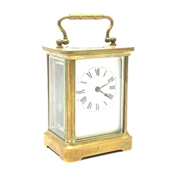 20th century brass cased carriage timepiece clock, white enamel Roman dial, single train driven movement, with two keys, H12cm