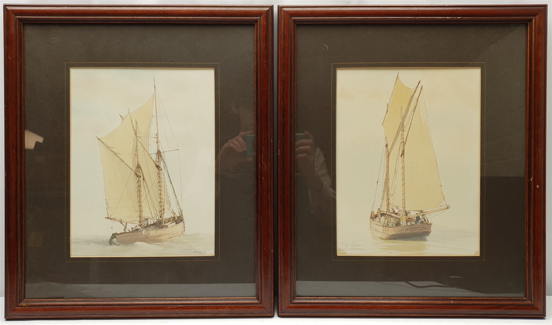 Roger Davies (British 1945-): 'Prince's Dock Hull c.1900' and Boats at Sea, three overpainted prints signed in pencil 23cm x 30cm (3)