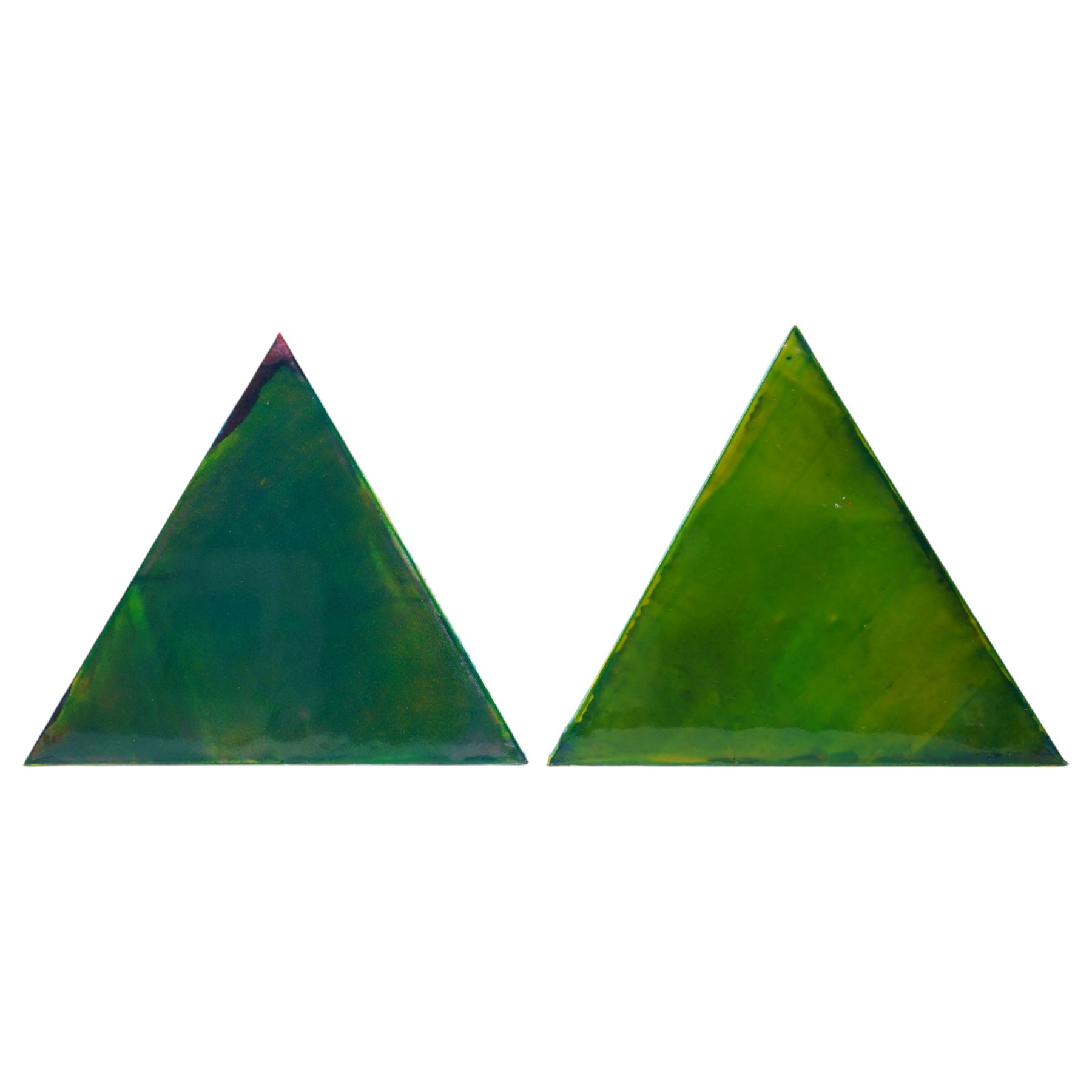 Gillian Ross Kelsey (British 1935-2025): 'Triangles' in Blues and Greens, set of four acrylic glazes on canvas laid on to board unsigned all 44cm x 51cm (4)
