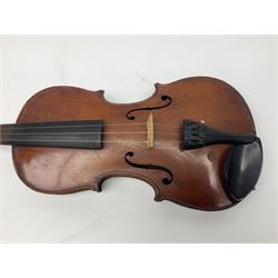 German violin c1890 with 36cm two-piece maple back and ribs and spruce top; bears label 'Antonius Stradivarius Cremona Faciebat Anno 1729' L59.5cm overall; in ebonised wooden 'coffin' case; and two German violins c1890 for completion - one bearing a Stradivarius label, the other a Ruggeri label; both in carrying cases (3)