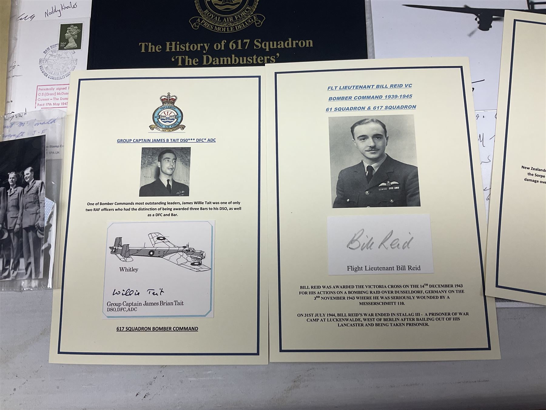 Dambusters 617 Squadron memorabilia - three signed photographs of Lancaster aircraft in flight, group photograph, copy of Vickers-Armstongs letter and drawing from Barnes Wallis, The History of 617 Squadron by Sqn. Ldr. S.J. Hillier, facsimile sets of signatures, FDCs, sheet music, Richard Todd signed photograph and greeting card, etc