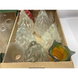 Five frosted glass Flambe lamp shades, together with three similar smaller examples and two coloured examples, and a quantity of other glass lampshades