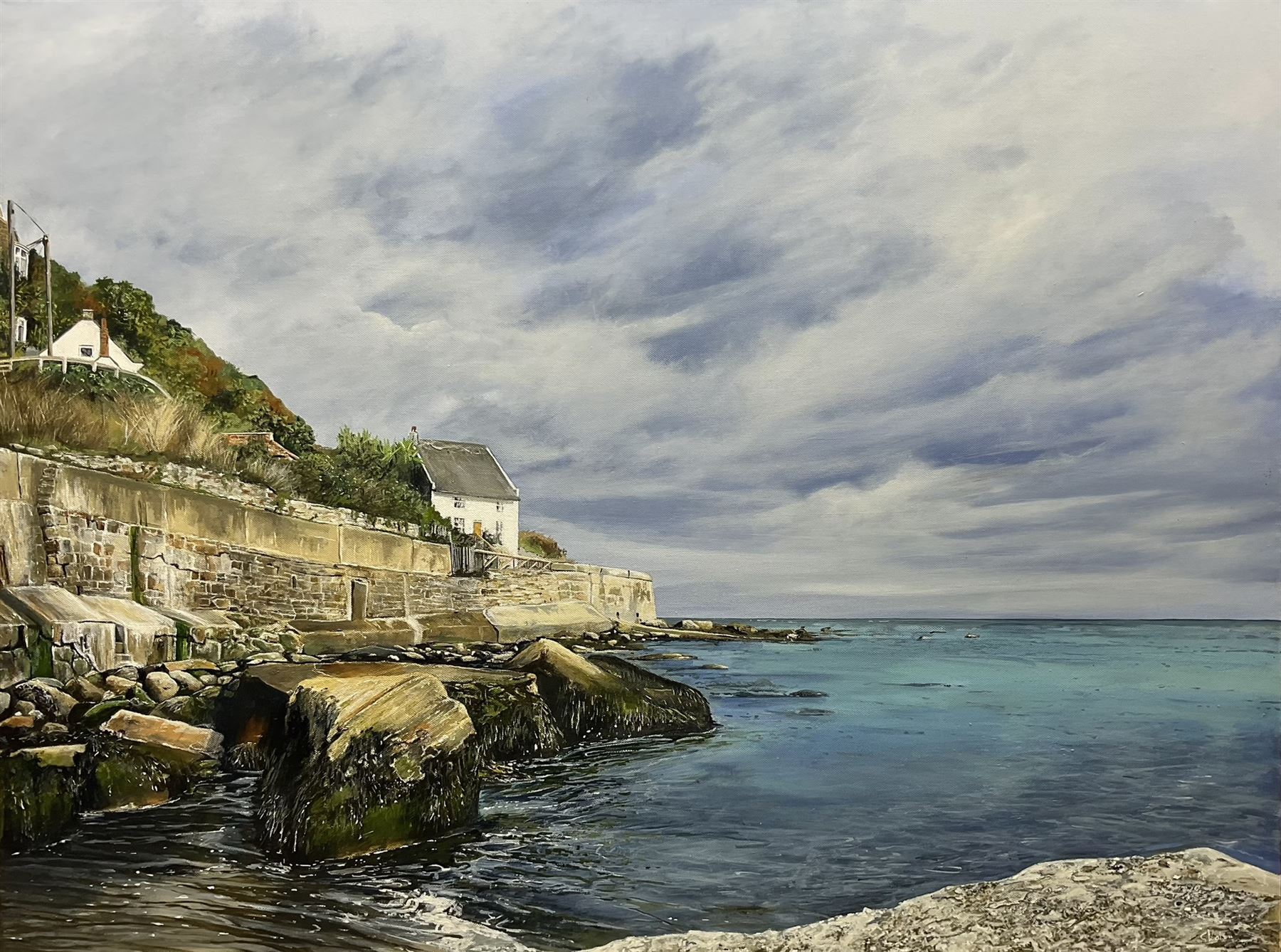 Gemma Watson (British Contemporary): Lady Palmer's Cottage Runswick Bay, acrylic on canvas signed, titled with artist's Studio Card verso 66cm x 101cm 