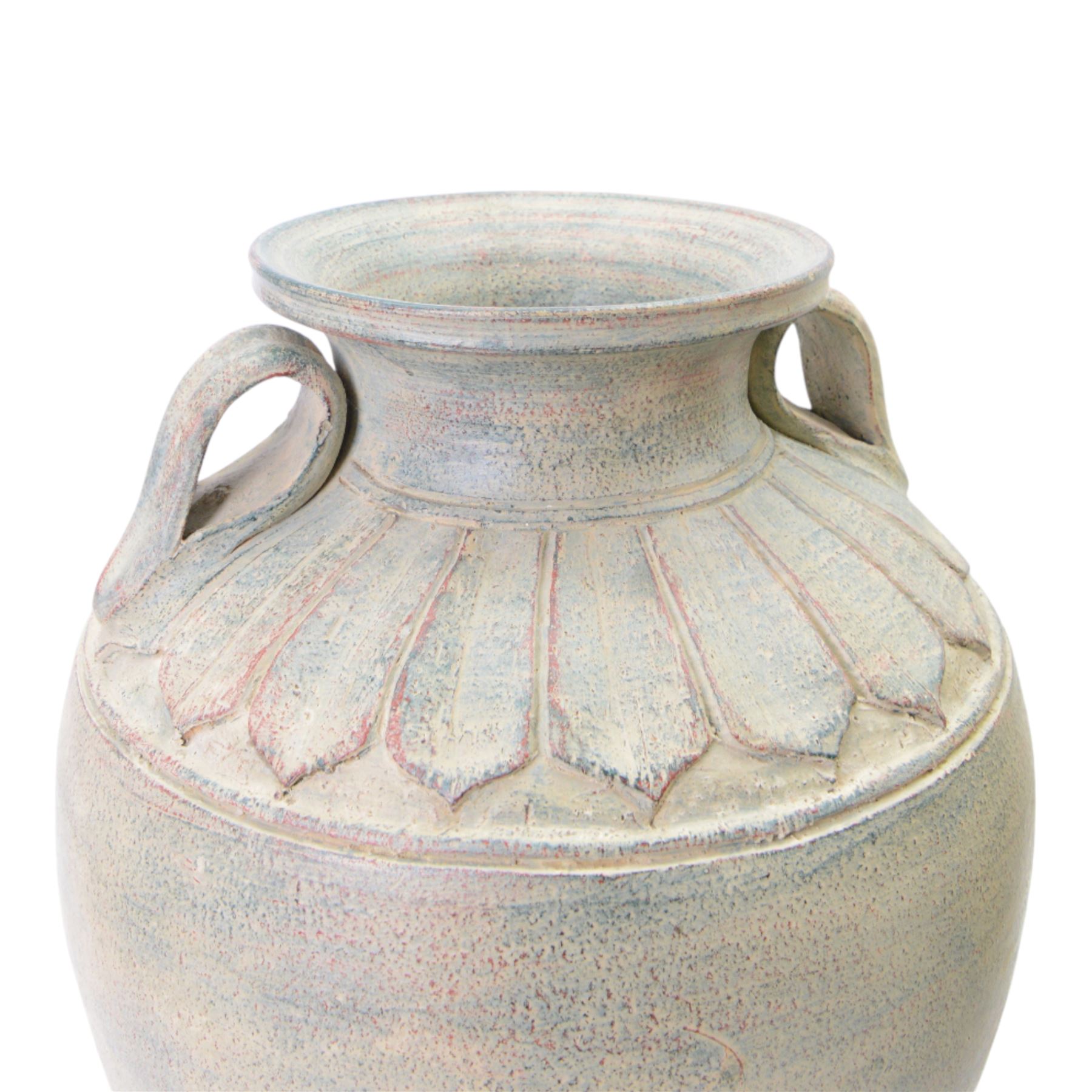 Two large Thai storage jars, with repeating leaf boarder to the neck