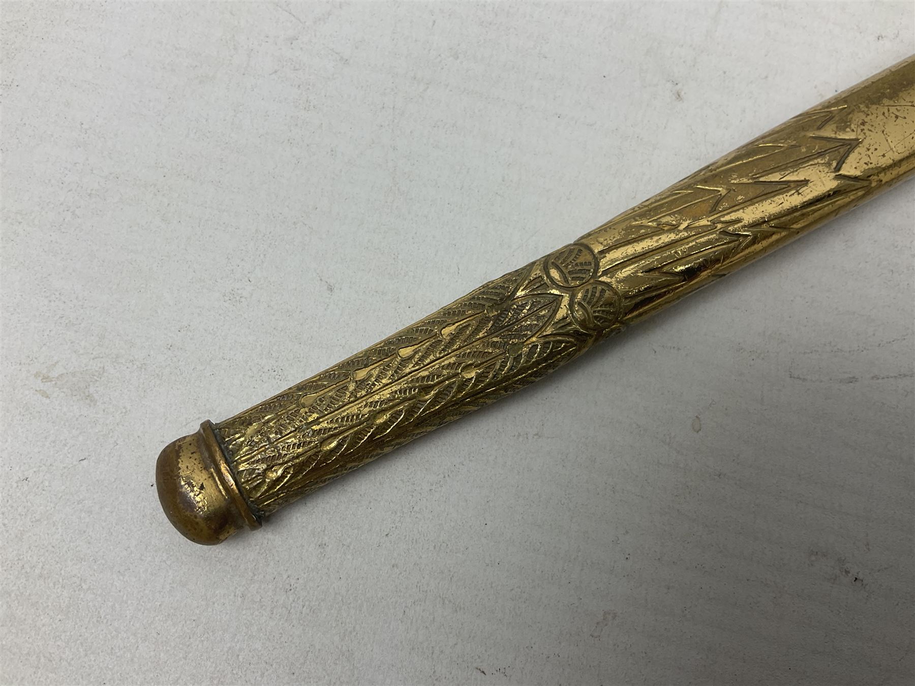 WW2 German kreigsmarine style dagger composed from various age parts, the post-war 25cm double fullered blade  with etched decoration and inscribed WKC with knight's head; in gilt brass scabbard with two rings L42cm overall