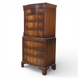 Reprodux - Georgian design mahogany serpentine chest-on-chest, top section with two over three drawer arrangement, flanked by chamfered edges, the lower fixed section, with slide above three drawers, raised on bracket feet  