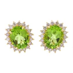 Pair of 18ct gold oval cut peridot and round brilliant cut diamond stud earrings, total peridot weight 3.00 carat, with World Gemological Institute report