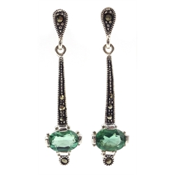 Pair of silver green tourmaline and marcasite pendant earrings, stamped 925