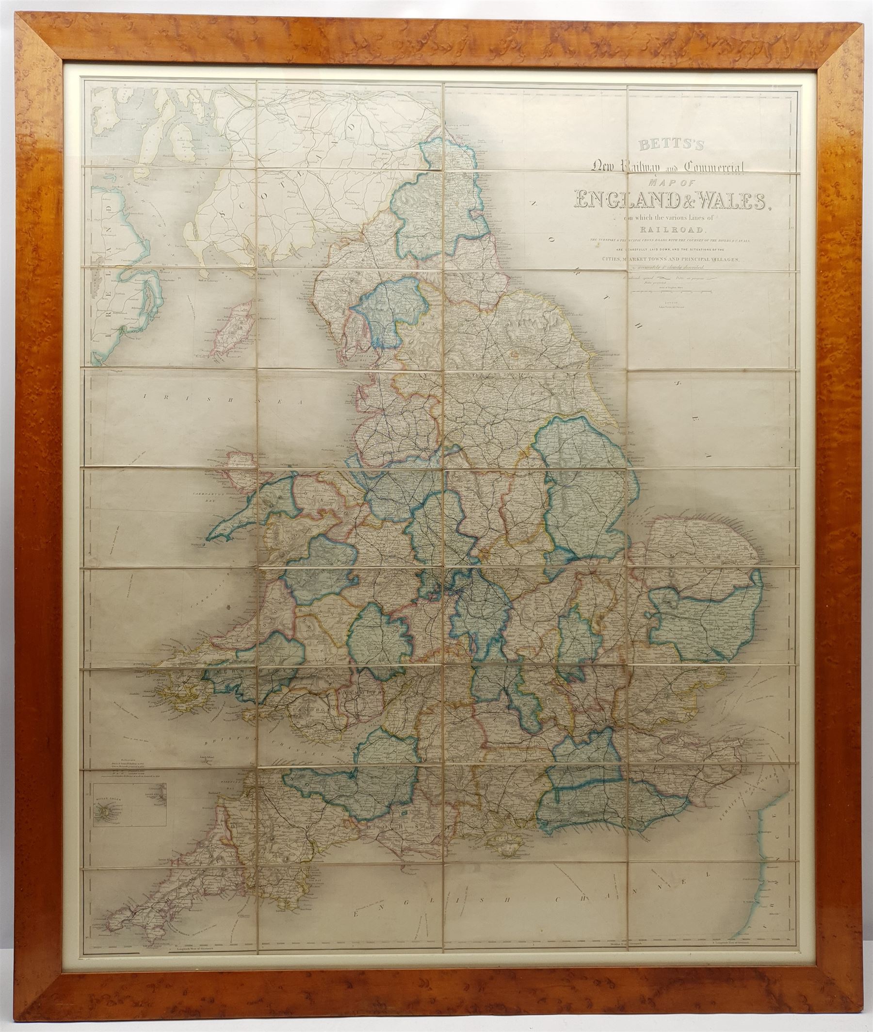 John Betts (British 19th century): 'Betts's New Railway and Commercial Map of Enland & Wales', enraved map witl later hand-colouring pub. 1847 formed as 36 sheets mounted onto linen 92cm x 76cm overall
