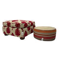 Square footstool upholstered in cream and red leaf patterned fabric (W82cm H35cm); and circular pouffe upholstered in striped multi-colour fabric (W64cm H30cm)