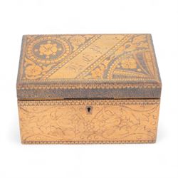 19th century stationery box, with poker work decorated, the sloped lid bearing initials
K...