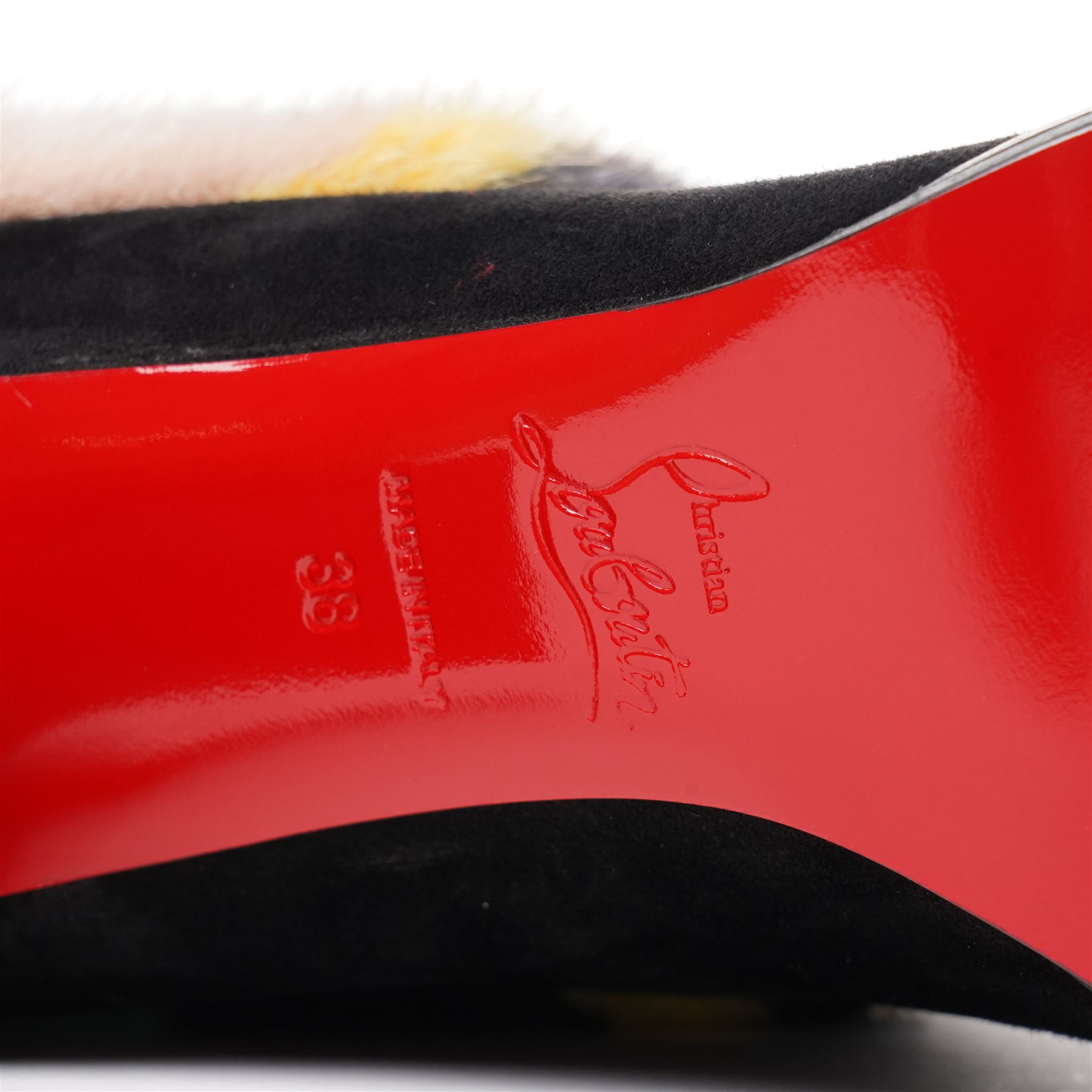 Christian Louboutin - pair of ‘Alexandra’ ankle boots, in black suede and multicoloured mink fur, with signature red lacquered soles, size 38, total boot height 23cm, unused with original box, dust bags and spare heel caps