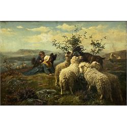 August Friderich Albercht Schenck (Danish 1828-1901): Sheep and Goats with the Shepherd's Children and their Dog, oil on canvas laid on board signed 39cm x 59cm