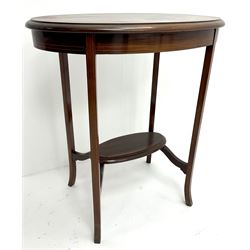 Edwardian inlaid mahogany oval occasional table, square tapering supports joined by undertier 