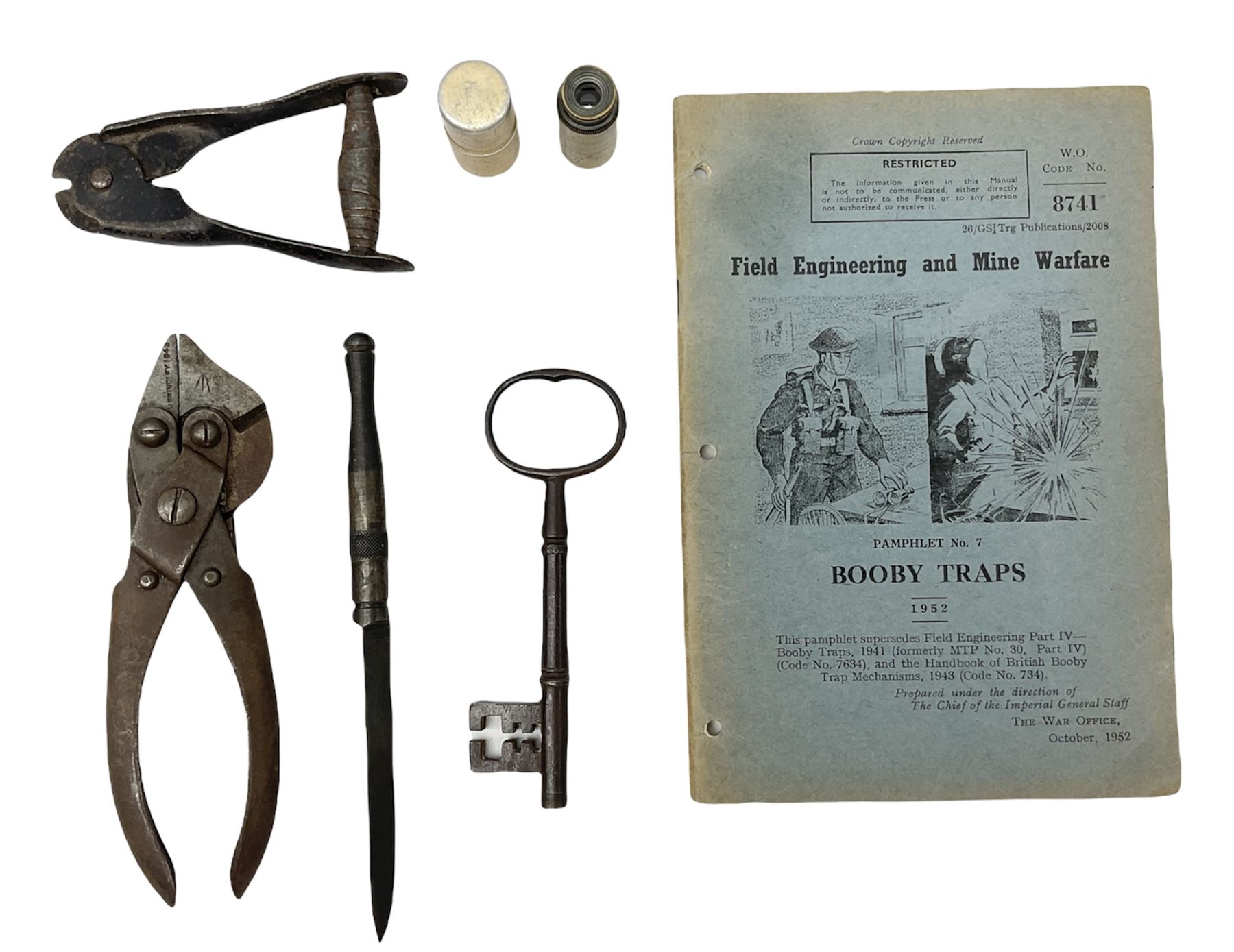 Military interest - Pair of SOE wire cutters by H Brindley; Needle dagger with triform blade 15.5cm; Iron key with secret message compartment; ‘Pill box’ telescope; Wire cutters; Field Engineering and Mine Warware pamphlet No. 7, Booby Traps (6)