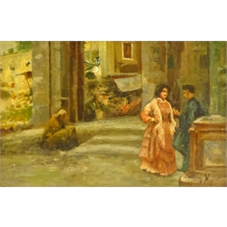  Vincenzo Migliaro (Italian 18581938): Figures in a Piazza, oil sketch on panel signed, inscribed verso 13cm x 19cm  