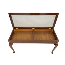Early 20th century walnut duet piano stool, rectangular hinged lid with upholstered seat, on cabriole supports