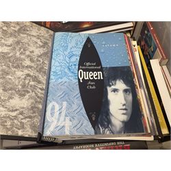 Books and ephemera, mostly related to Freddie Mercury, Queen, Leeds United, musical theatre, four of which bearing authors signatures, and other books etc, in three boxes 