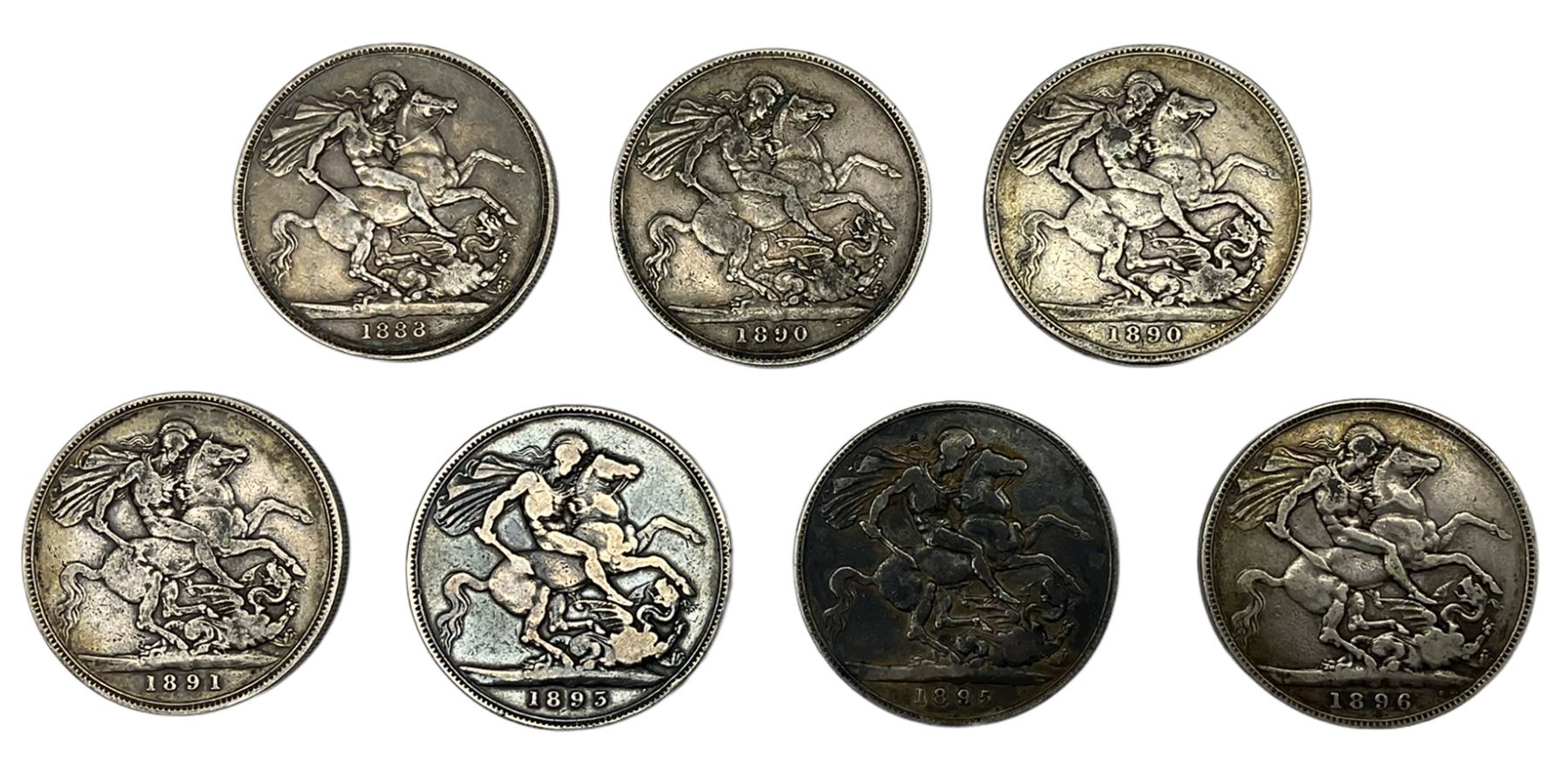 Seven Queen Victoria crown coins, dated 1888, two 1890, 1891, 1893, 1895 and 1896