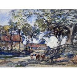 Rowland Henry Hill (Staithes Group 1873-1952): Farmer and his Dog Herding Cattle, watercolour and gouache signed and dated 1914, 34cm x 44cm