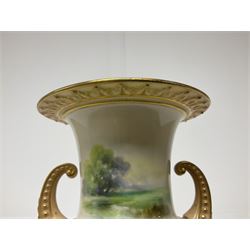 Early 20th century Royal Worcester campagna urn, hand painted with a view of Windsor Castle by Harry Davis, signed, upon a fluted socle with stiff leaf moulding to the domed circular foot, with puce printed marks beneath including date code for 1905, and shape no 1926, H18.5cm