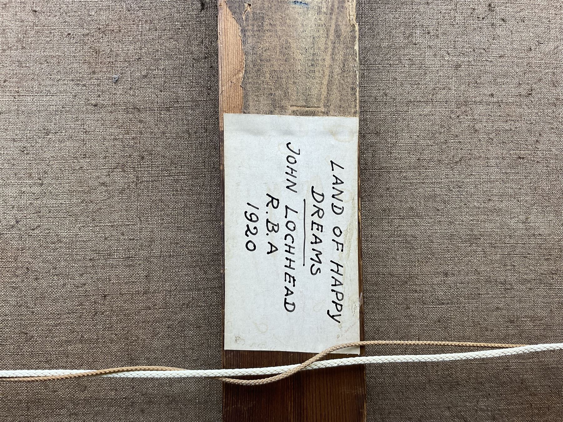 John Lochhead RBA (Scottish 1866-1921): 'Land of Happy Dreams' on the banks of the Great Ouse, oil on canvas signed, titled and dated 1920 verso 107cm x 122cm (unframed)
Notes: period newspaper cutting verso giving details of the artist's studio and referring to the 'Land of Happy Dreams' as his largest work