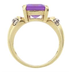 9ct gold single stone emerald cut amethyst ring, with white topaz set shoulders hallmarked