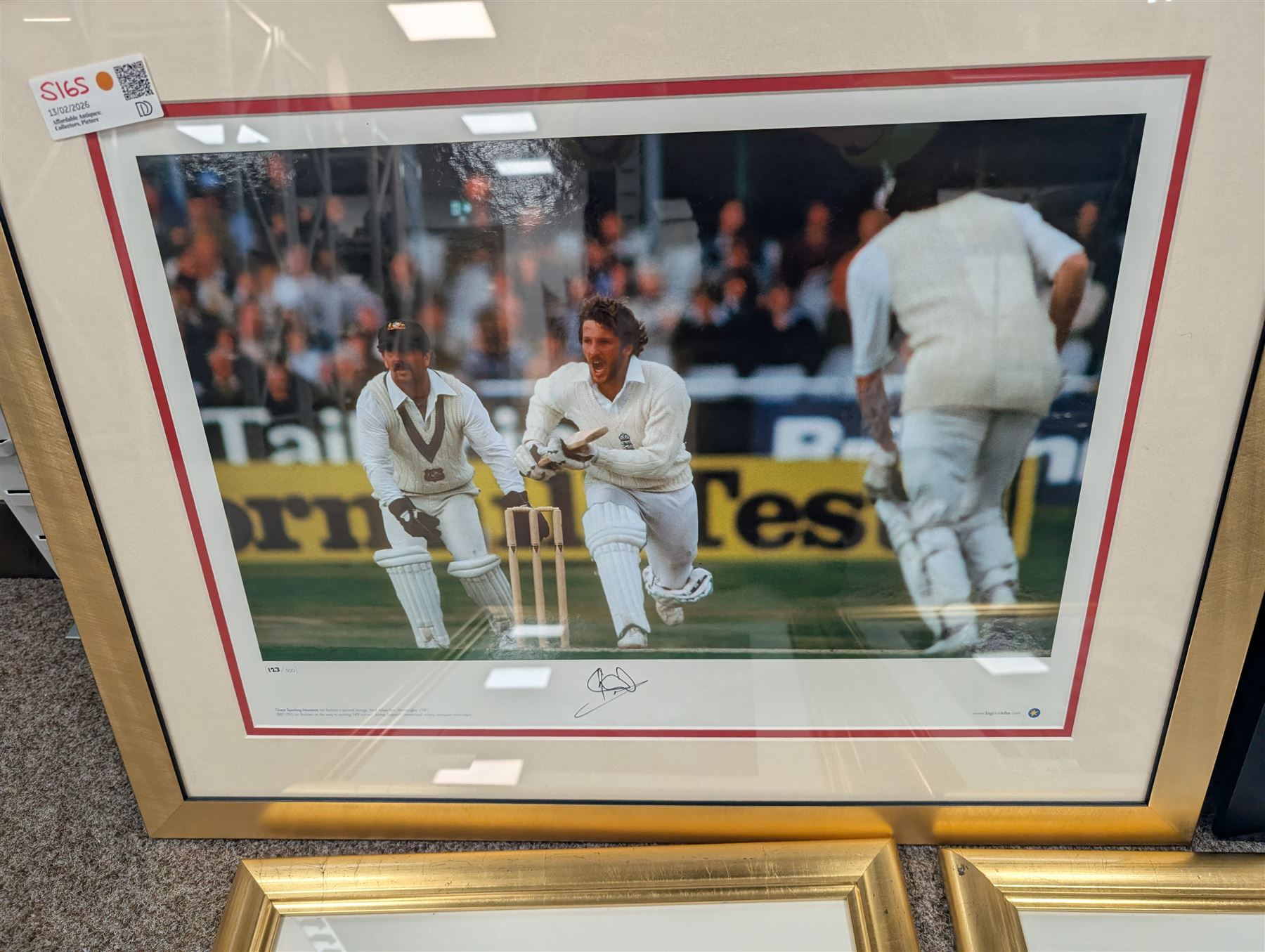 Collection of cricket memorabilia, including three black and white prints of Sir Ian Botham, colour print of Sir Ian Botham, signed limited edition Ashes Winners print, and a framed piece of The Times 1895, all framed, largest H70cm