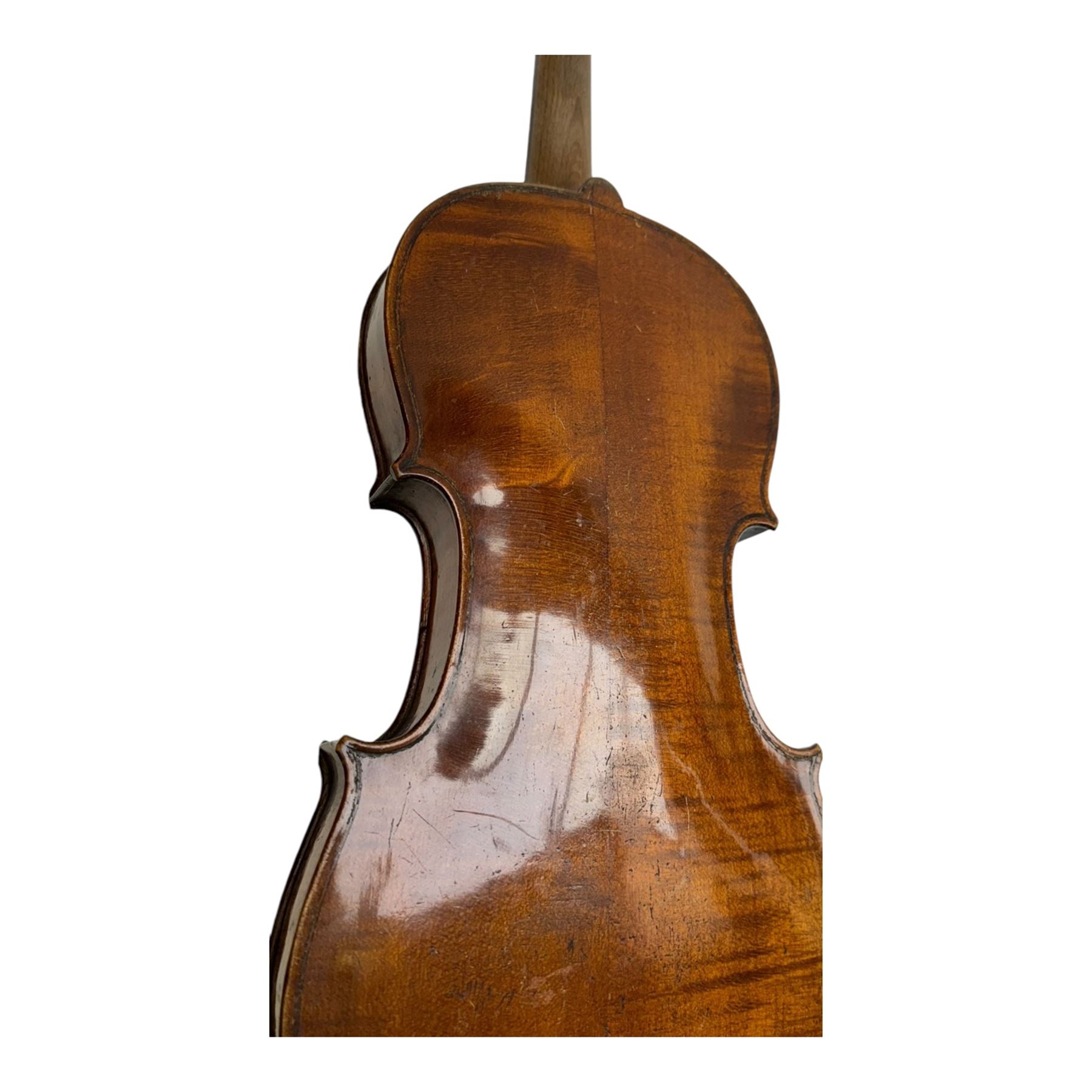18th century Violin with bow, scroll with ebony pegs, fingerboard and tail piece, body length 60cm in  a fitted hard case. Internal label reads Joannes Georgius Thir, Vienna 1776.