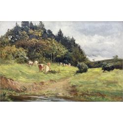 Robert Jobling (Staithes Group 1841-1923): 'Eventide' - Cattle in a Riverside Meadow, oil on canvas signed 40cm x 60cm