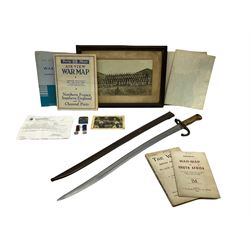French model 1866 sabre bayonet, the 57.5cm curving blade marked St. Etienne 1868, in associated steel scabbard L71cm overall; framed WW1 photograph of 'Egyptian Expeditionary Force' dated July 6th 1914(?); RAF QEII miniature long service medal with letter and QEII miniature campaign service medal with Malaya bar; various War maps etc