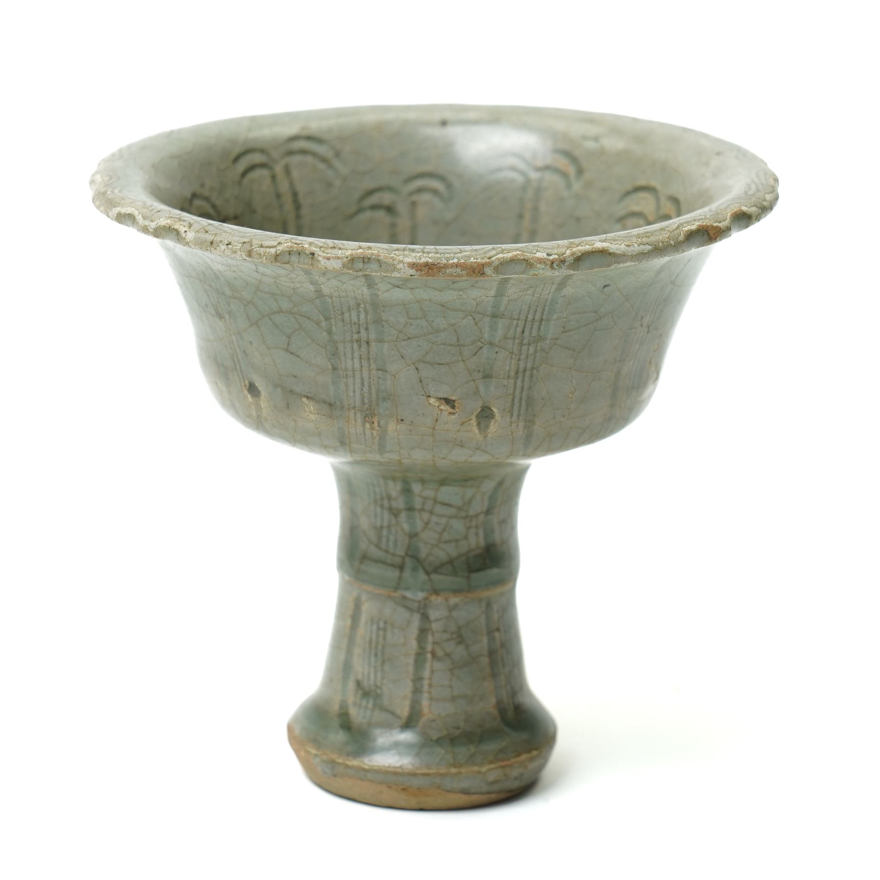 Chinese Ming dynasty Longquan celadon stem cup, of flared form rising from a splayed foot, incised decoration to stem and bowl, with fluted rim, unmarked, H10cm