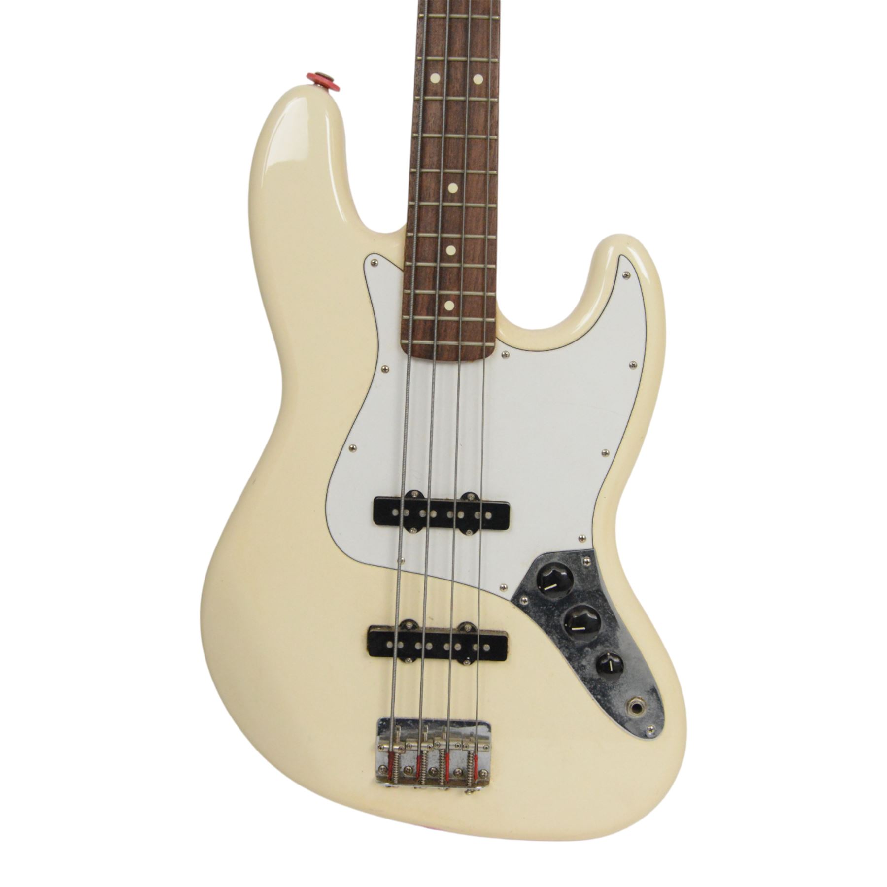 Fender jazz bass guitar, serial no. MZ7182451 made in Mexico c.2007, with cream body, white scratch plate, maple neck, guitar L120cm