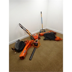  Large quantity of electrical garden tools comprising of a Spear & Jackson hedge trimmer, two Flymo Gardenvac 2500W turbos, a Flymo HT450 hedge trimmer and a Black & Decker IPX4 lawn mower (7)  