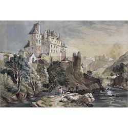 Christopher Horner (British 19th century): Eltz Castle - Germany, watercolour heightened in white signed and dated 1859, various labels verso 23cm x 33cm