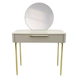 Made.com - Ebbo grey dressing table with mirror, single drawer with gold painted metal shaped handles, rounded corners with fluted detail, raised on gold painted metal tapered supports (Height from floor to underside 62cm)