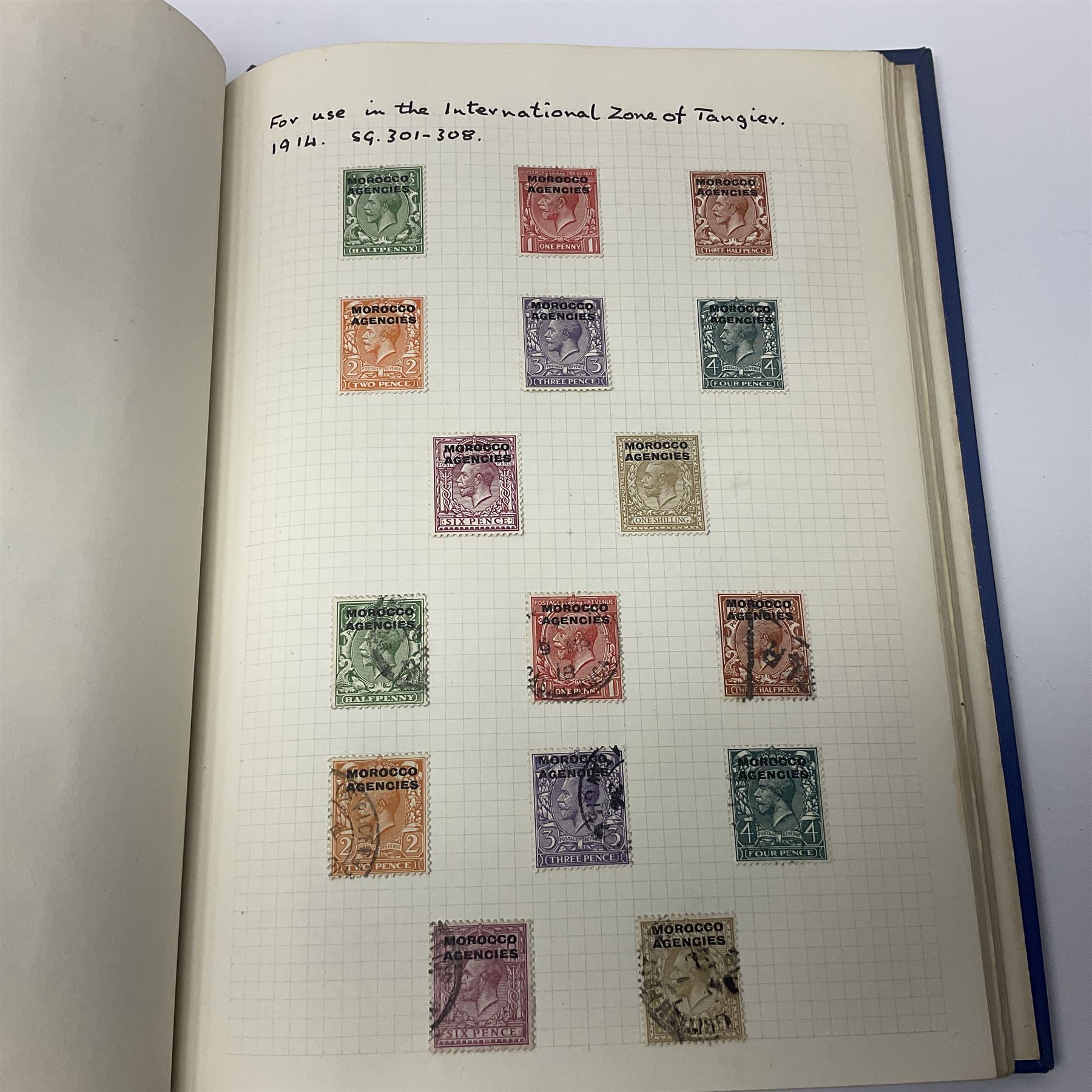 Queen Victoria and later Morocco Agencies and Tangier overprint stamps, including 1898 Morocco Agencies overprint on Gibraltar, some mint pairs, King Edward VII 1907-12 Morocco Agencies overprints with surcharge on two shillings and sixpence, five shillings and ten shillings, King George VI 1917-26 Morocco Agencies overprints on seahorses with half crown, five shillings and ten shilling values, Spanish French and International zones represented etc, housed in single blue album