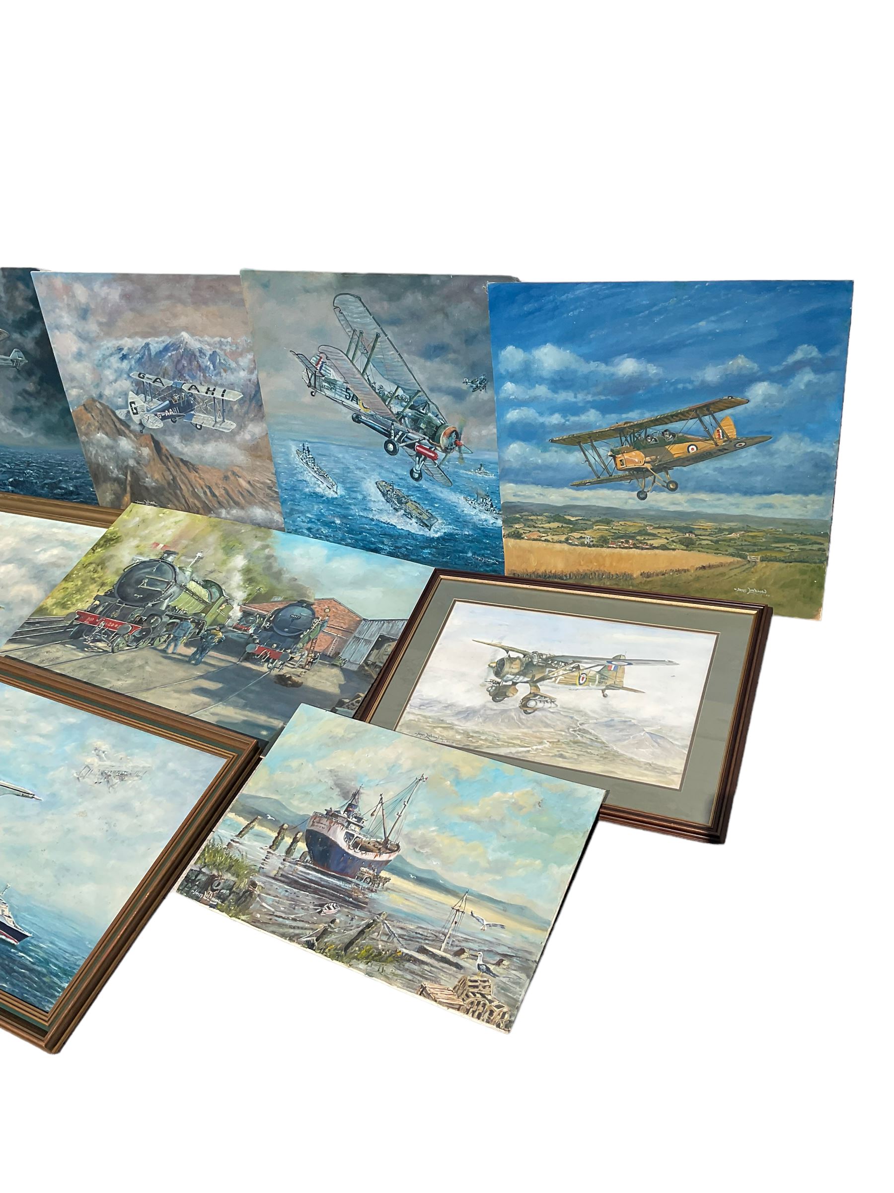Collection of James Lishman (British 1931-2024) oils and watercolours all signed mostly aeronautical and maritime scenes (10)
