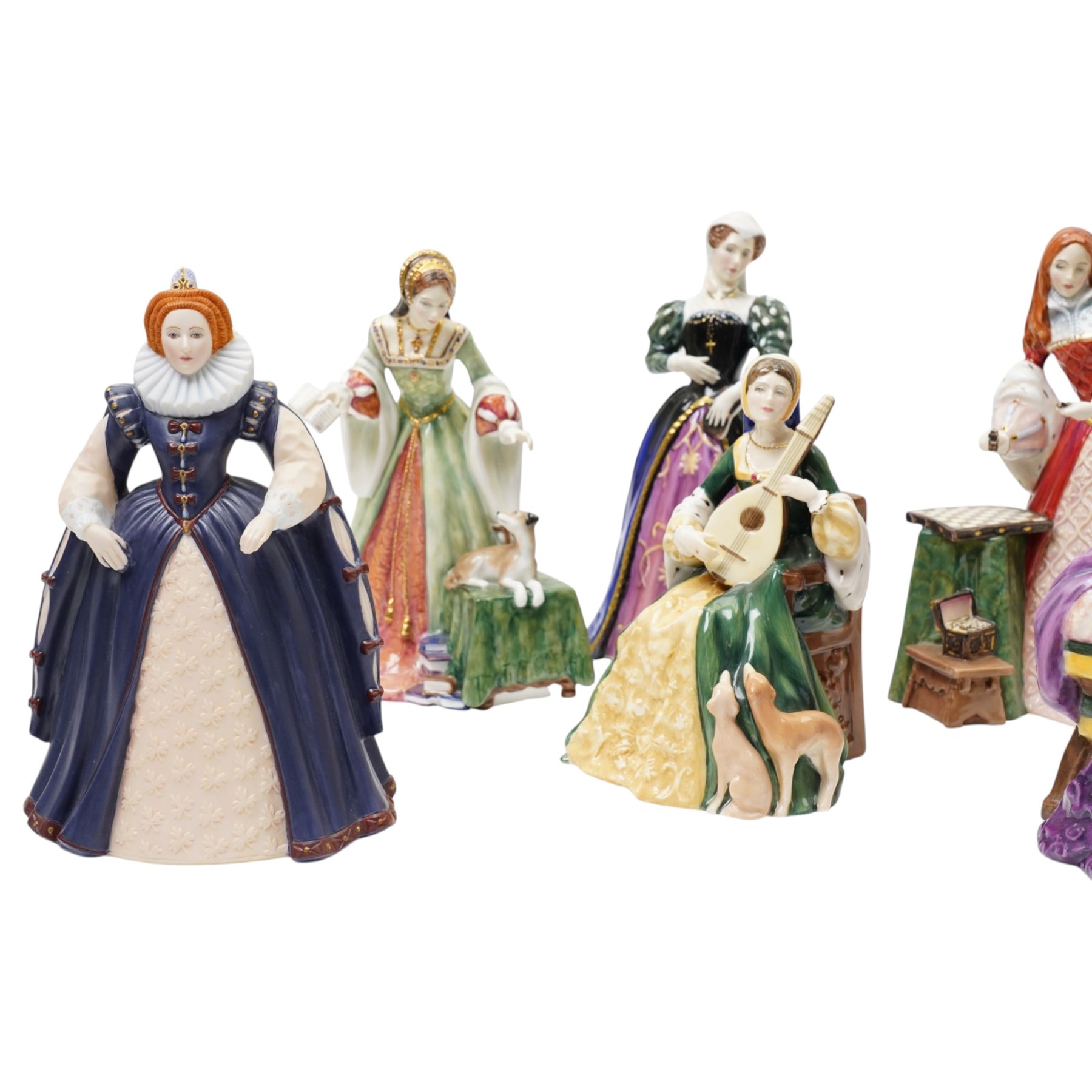 Six Royal Doulton figures, comprising Queens of the Realm Queen Anne HN3141 and Mary Queen of Scots HN3142, Lady Jane Grey HN3680, Margaret Tudor HN3838, Mary Tudor HN3834, Princess Elizabeth HN3682, together with three further Franklin Mint figures (9)