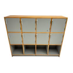 Esavian - mid-20th century school gym locker, fitted with eight cupboards and four open compartments