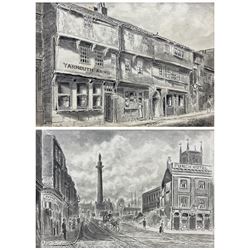 Frederick Schultz Smith (Hull 1860-1925): 'Yarmouth Arms' and the Wilberforce Monument - Hull, two monochrome watercolours and ink signed, the former dated 1913, 15cm x 21cm and 13cm x 19cm (2) 
Notes: the Yarmouth Arms was located near George Yard Entry on High Street and later became the Wilberforce Arms. Born in Worthing, Sussex in 1860, F S Smith came to Hull as a small child and lived most of his life in the old St. John's Wood area in west Hull; he was still drawing in his sixties shortly before his death in 1925. Much like his near contemporary and fellow Yorkshire artist Albert Thomas Pile (1882-1981), his drawings are visual 'snapshots' in time, often produced to record buildings that were due to be demolished. Smith was commissioned to produce around three hundred drawings for C E Fewster, a paint maker in Hull who collected historical records. Some were also used as illustrations in books and newspapers, such as the Eastern Morning News, whilst others were sold to the owners of premises which he had drawn.