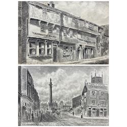 Frederick Schultz Smith (Hull 1860-1925): 'Yarmouth Arms' and the Wilberforce Monument - Hull, two monochrome watercolours and ink signed, the former dated 1913, 15cm x 21cm and 13cm x 19cm (2) 
Notes: the Yarmouth Arms was located near George Yard Entry on High Street and later became the Wilberforce Arms. Born in Worthing, Sussex in 1860, F S Smith came to Hull as a small child and lived most of his life in the old St. John's Wood area in west Hull; he was still drawing in his sixties shortly before his death in 1925. Much like his near contemporary and fellow Yorkshire artist Albert Thomas Pile (1882-1981), his drawings are visual 'snapshots' in time, often produced to record buildings that were due to be demolished. Smith was commissioned to produce around three hundred drawings for C E Fewster, a paint maker in Hull who collected historical records. Some were also used as illustrations in books and newspapers, such as the Eastern Morning News, whilst others were sold to the owners of premises which he had drawn.