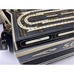 Scandalli Vibrante Three piano accordion in Art Deco black and white case with jewelled decoration, twenty-four keys and one-hundred and twenty buttons; inscribed '5700 Camerano Italia'; serial no.3414 L54cm; in carrying case with strap