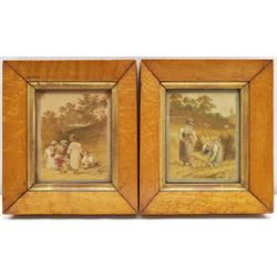 After Francis Wheatley RA (British 1747-1801): 'The Harvesters', pair early 19th century watercolours 11cm x 9cm in original birdseye maple frames (2)