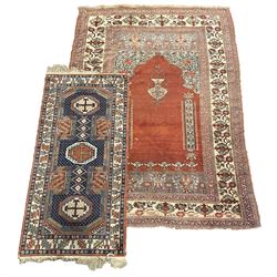 Persian red ground prayer rug, decorated with stylised flowers (201cm x 143cm), and a small Persian design triple medallion rug (142cm x 68cm)