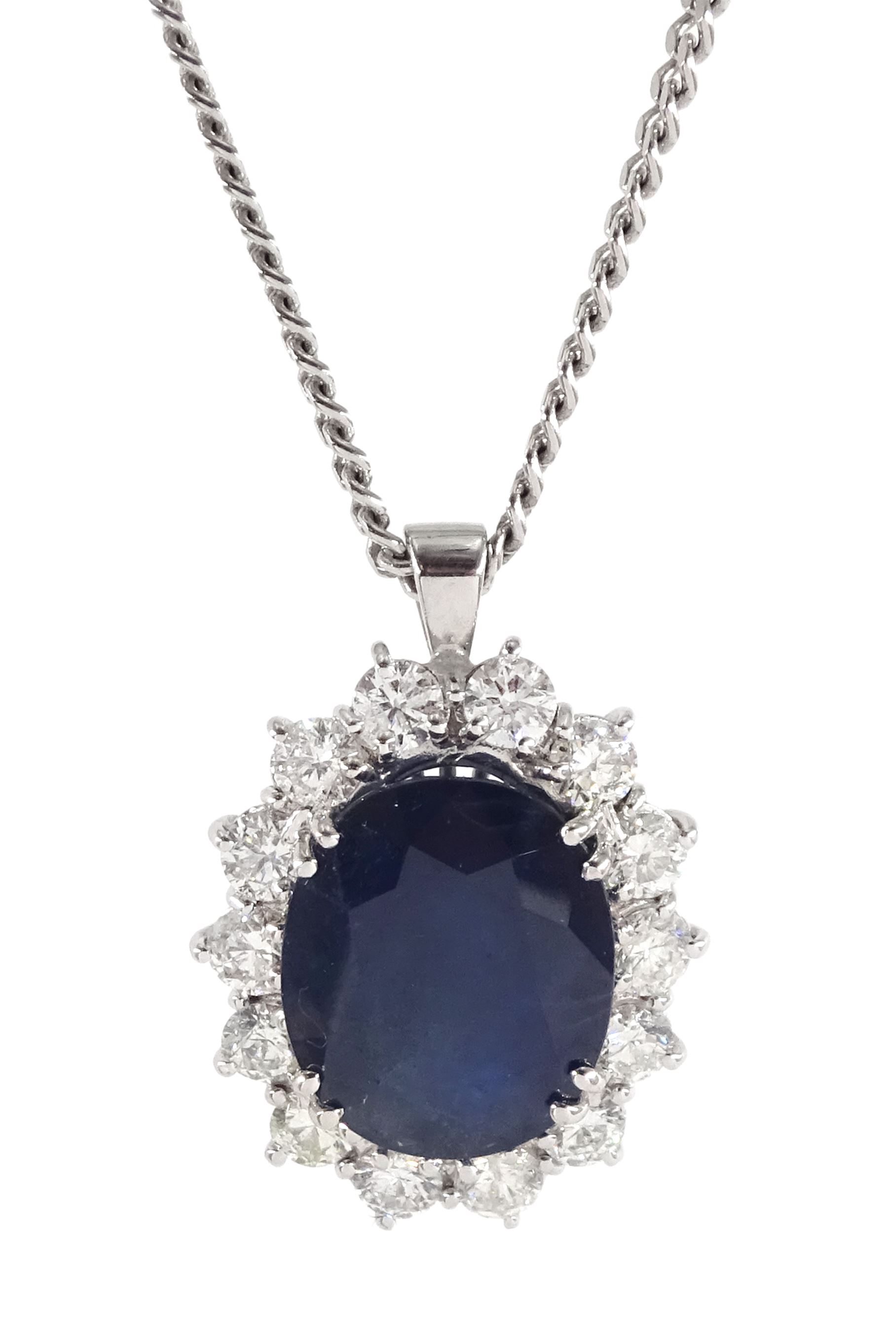 18ct white gold oval sapphire and round brilliant cut diamond pendant necklace, hallmarked, sapphire approx 5.00 carat, total diamond weight approx 1.10 carat